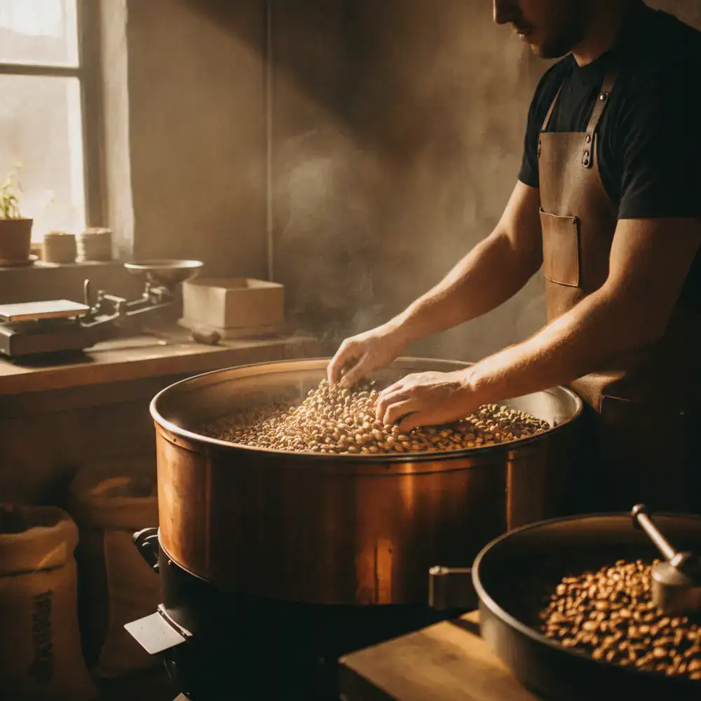 Artisan coffee beans being hand roasted in small batches