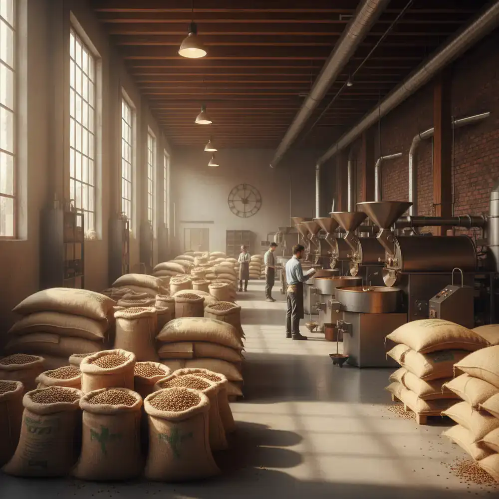 Wide view of the Zafnorix Roastery facility with natural light hitting the coffee sacks