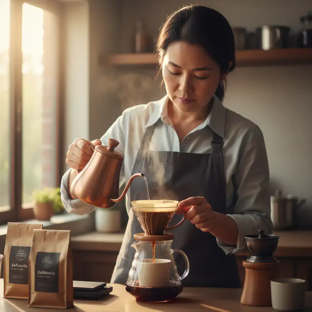 Zafnorix founder carefully hand-brewing specialty pour-over coffee