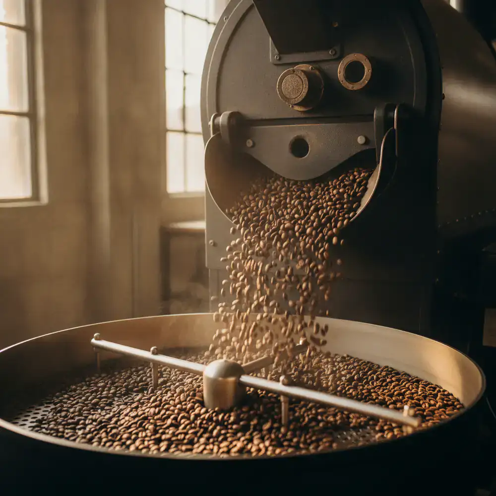 Close up of a commercial drum coffee roaster dropping freshly roasted beans into the cooling tray
