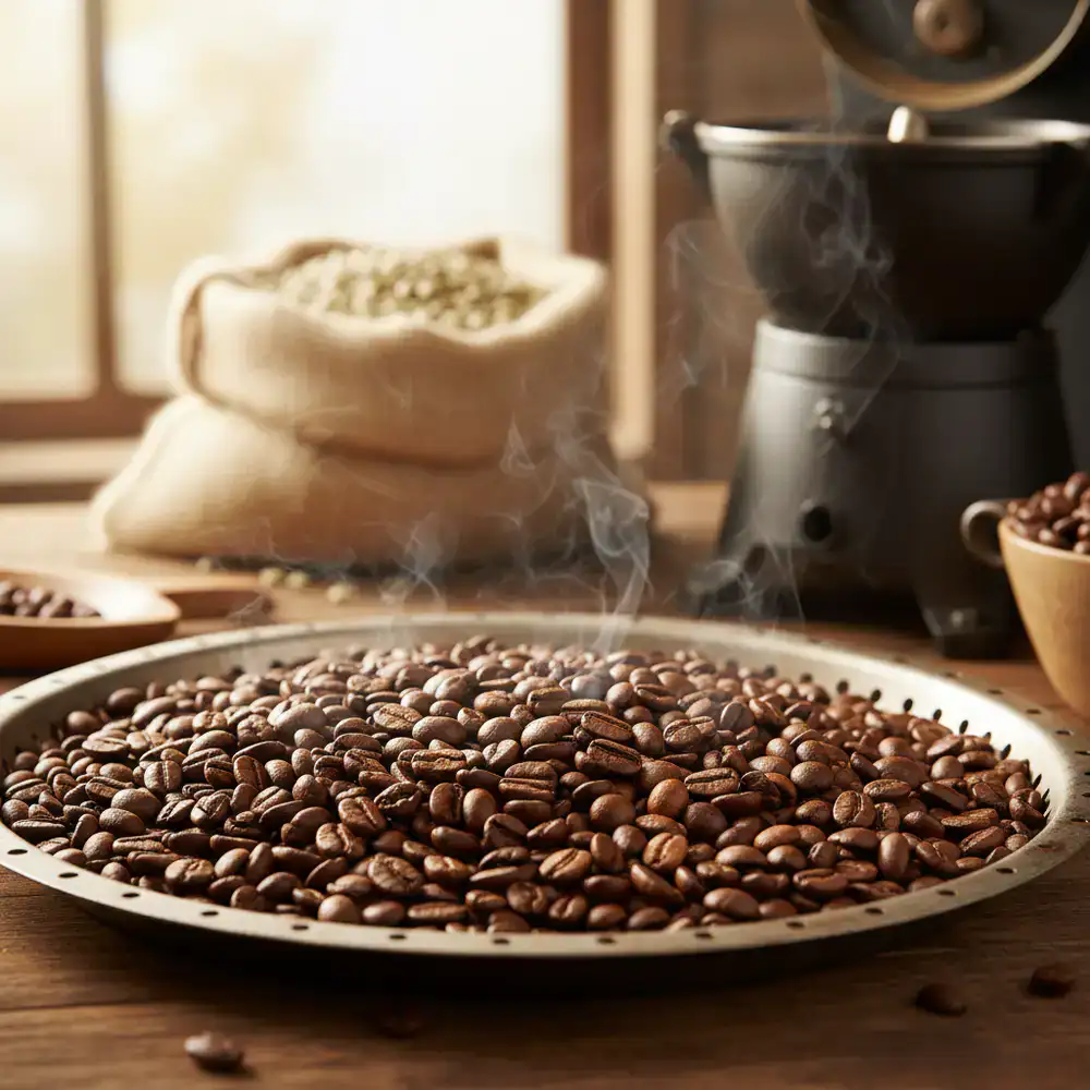 Freshly roasted coffee beans cooling in a tray