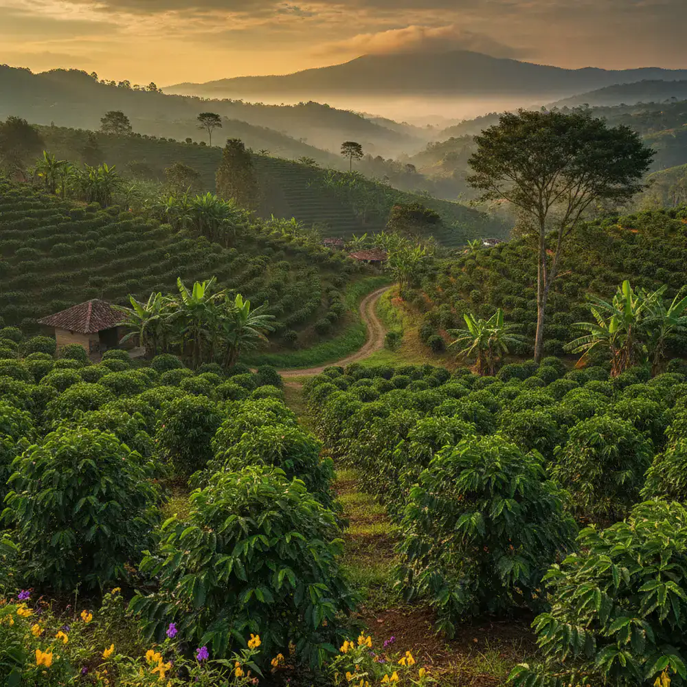 Lush ethical coffee farm landscape