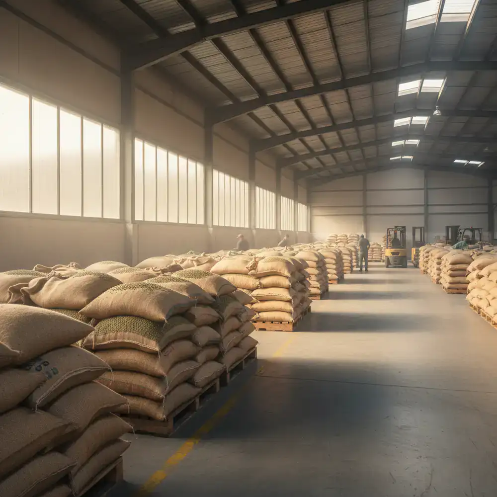 Sacks of premium green coffee beans resting in the Zafnorix warehouse