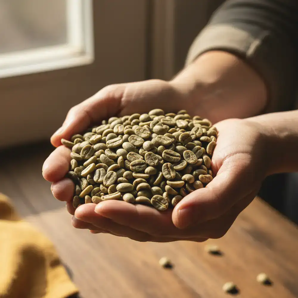Hands holding raw green coffee beans