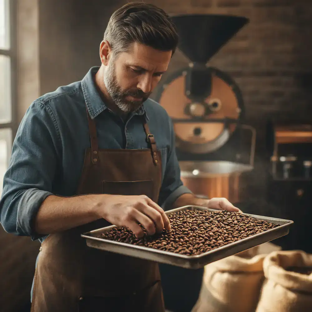 Master roaster visually inspecting roasted coffee beans