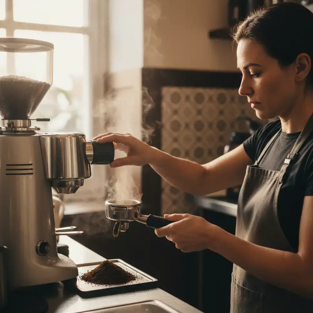 Lead barista precisely dialing in an espresso grinder